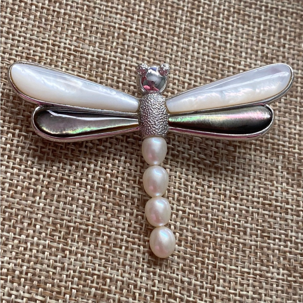 Vintage Stamped VAR Sterling Silver MOP Dragonfly Pendant Brooch Pin Faux Pearls